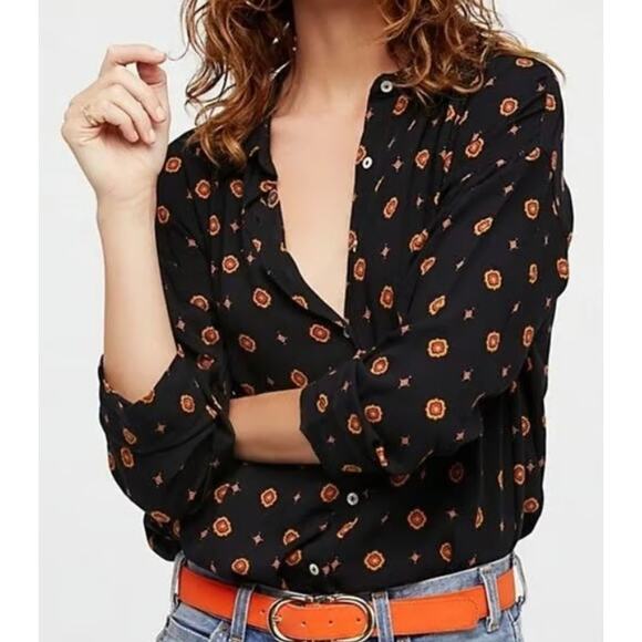 Free People Black Patterned Long Sleeve Oversized Button Down - Picture 1 of 5